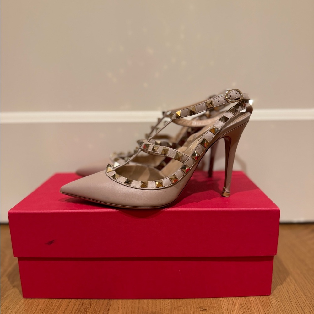 Valentino Beige Rockstud Pointed-Toe Slingback Heels